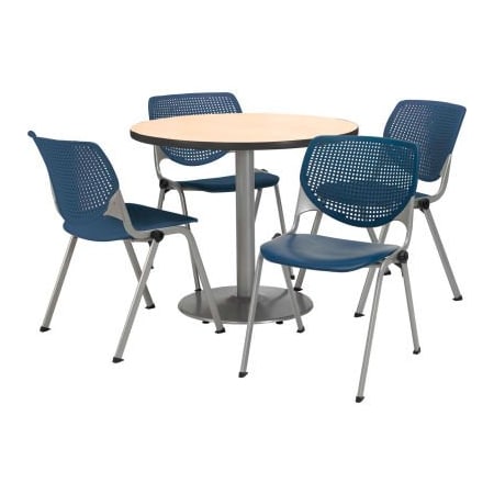 Kfi 42" Round Dining Table & Chair Set, Natural Table With Navy Plastic Chairs T42RD-B1922SL-NA-2300-P03